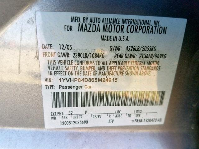 1YVHP84D865M24915 - 2006 MAZDA 6 S SILVER photo 10