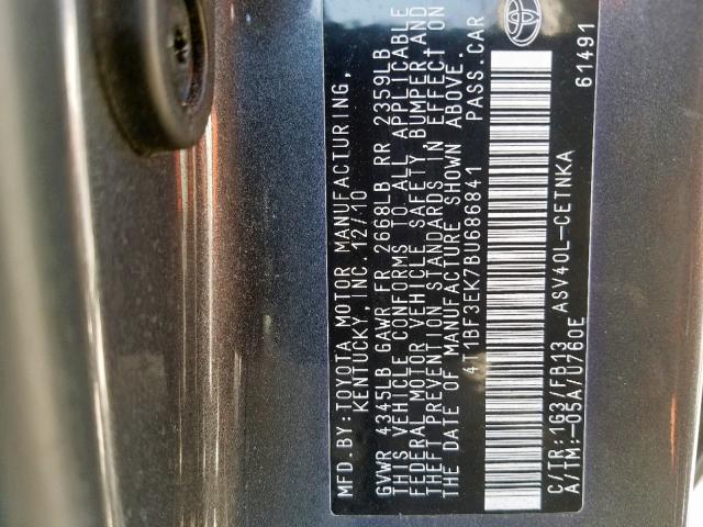 4T1BF3EK7BU686841 - 2011 TOYOTA CAMRY BASE GRAY photo 10