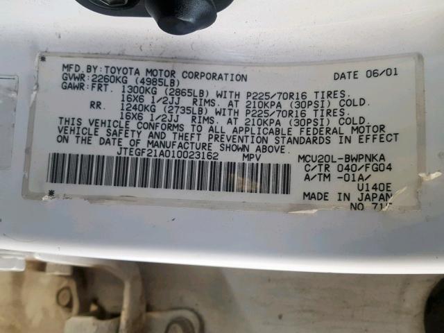 JTEGF21A010023162 - 2001 TOYOTA HIGHLANDER WHITE photo 10