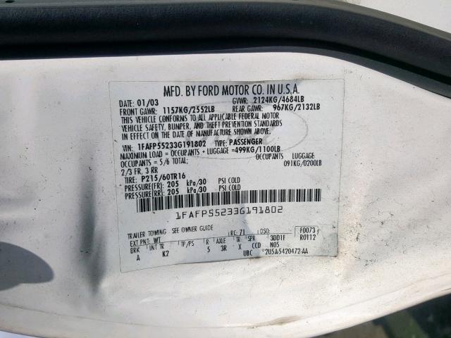 1FAFP55233G191802 - 2003 FORD TAURUS SES WHITE photo 10