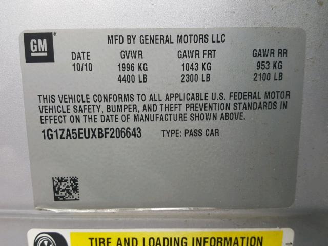 1G1ZA5EUXBF206643 - 2011 CHEVROLET MALIBU LS 银色 照片 10