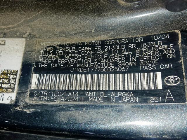 JTKDE177750025067 - 2005 TOYOTA SCION TC ნაცრისფერი ფოტო 10