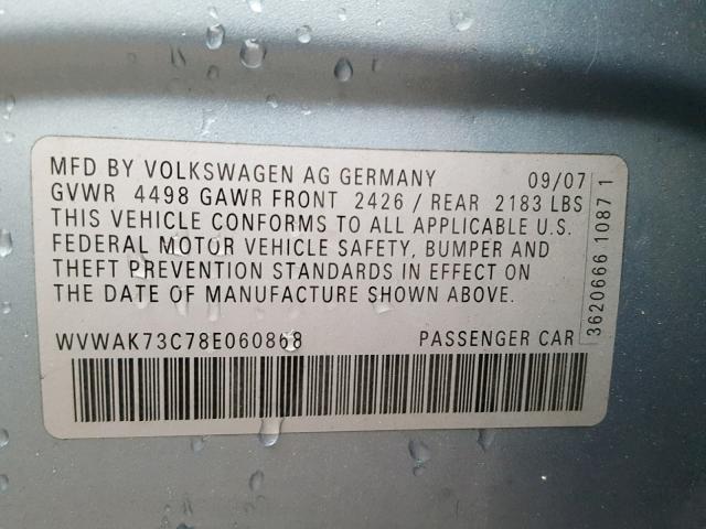 WVWAK73C78E060868 - 2008 VOLKSWAGEN PASSAT KOM BLUE photo 10