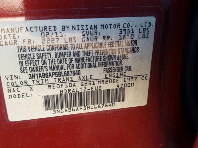 3N1AB6AP5BL687840 - 2011 NISSAN SENTRA 2.0 MAROON photo 10