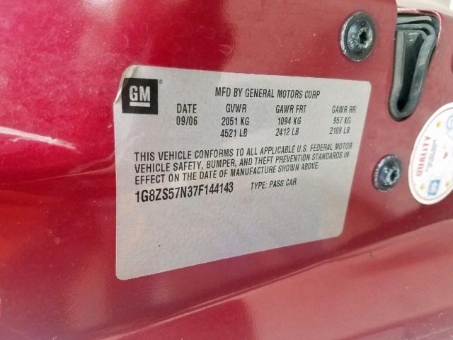 1G8ZS57N37F144143 - 2007 SATURN AURA XE RED photo 10