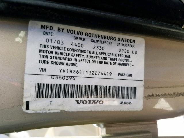 YV1RS61T132274419 - 2003 VOLVO S60 TAN photo 10