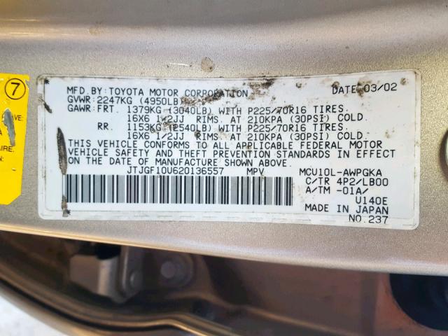 JTJGF10U620136557 - 2002 LEXUS RX 300 GOLD photo 10