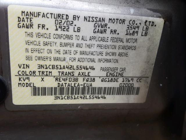 3N1CB51A42L554646 - 2002 NISSAN SENTRA GXE TAN photo 10