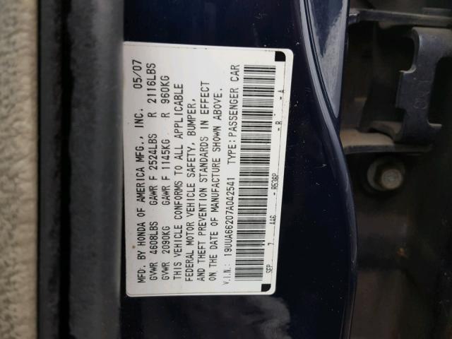 19UUA66207A042541 - 2007 ACURA TL BLUE photo 10