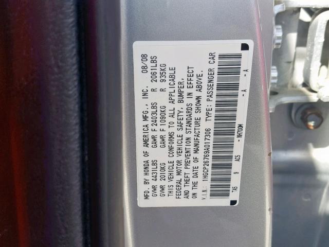 1HGCP26769A017306 - 2009 HONDA ACCORD EX SILVER photo 10