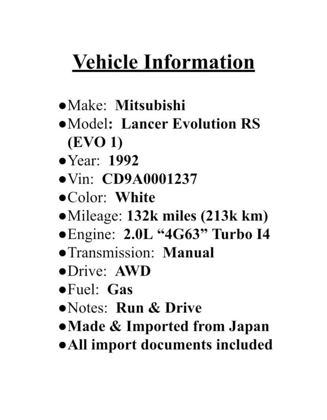 CD9A0001237 - 1992 MITSUBISHI LANCER EVO WHITE photo 9