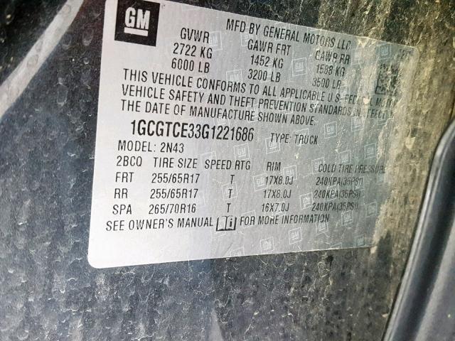 1GCGTCE33G1221686 - 2016 CHEVROLET COLORADO L GRAY photo 10
