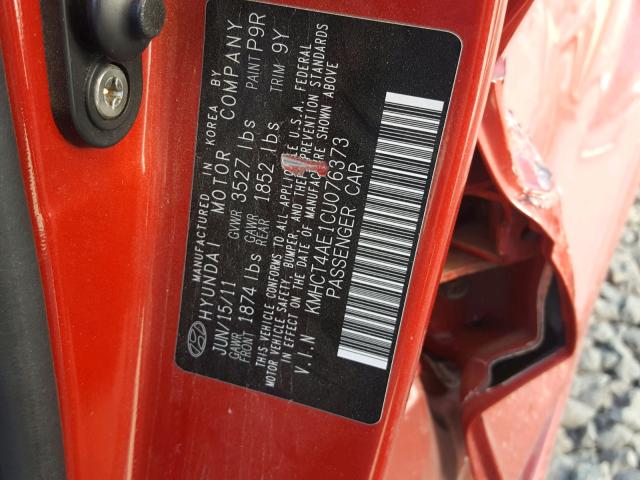 KMHCT4AE1CU076373 - 2012 HYUNDAI ACCENT GLS RED photo 10