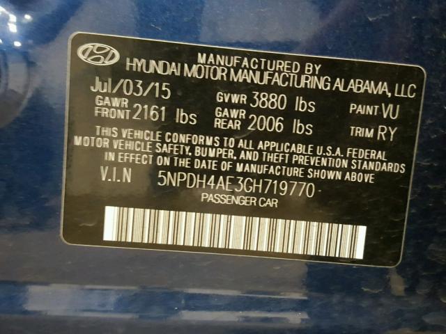 5NPDH4AE3GH719770 - 2016 HYUNDAI ELANTRA SE BLUE photo 10