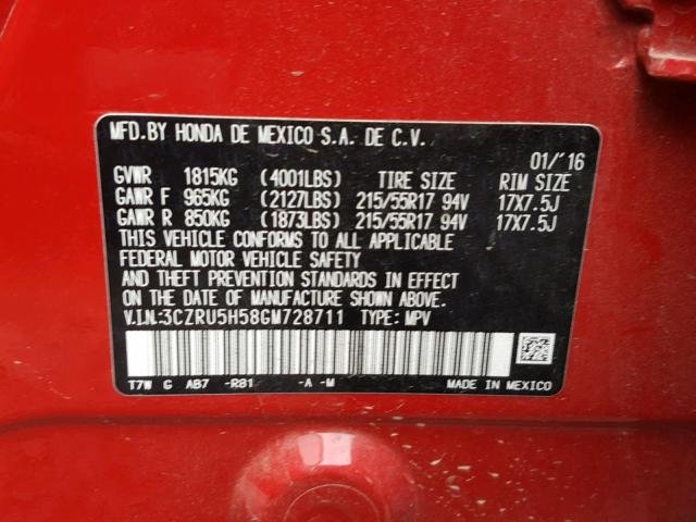 3CZRU5H58GM728711 - 2016 HONDA HR-V EX RED photo 10