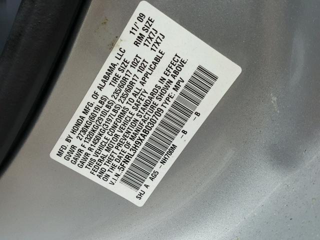 5FNRL3H9XAB030709 - 2010 HONDA ODYSSEY TO SILVER photo 10