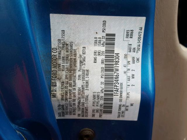 1FAFP34N67W198304 - 2007 FORD FOCUS ZX4 BLUE photo 10