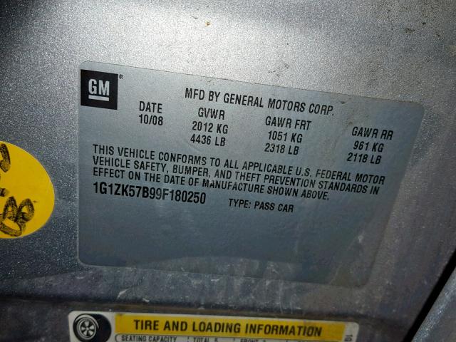 1G1ZK57B99F180250 - 2009 CHEVROLET MALIBU LTZ ვერცხლისფერი ფოტო 10