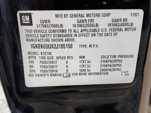 1GKEK63UX2J185158 - 2002 GMC DENALI BLACK photo 10