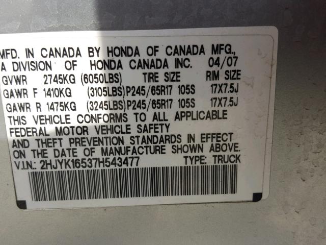 2HJYK16537H543477 - 2007 HONDA RIDGELINE SILVER photo 10