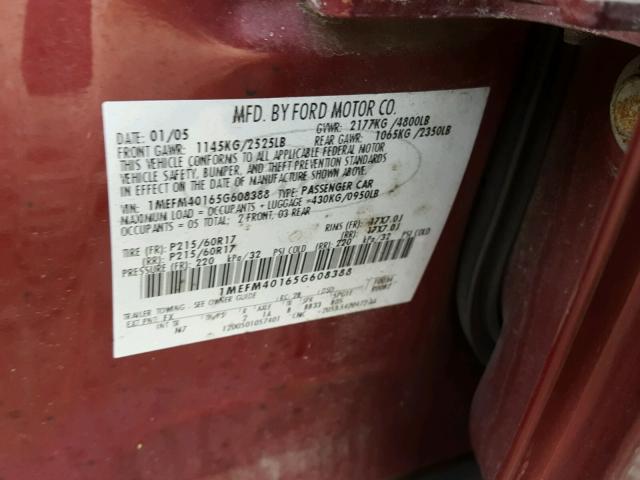 1MEFM40165G608388 - 2005 MERCURY MONTEGO LU MAROON photo 10