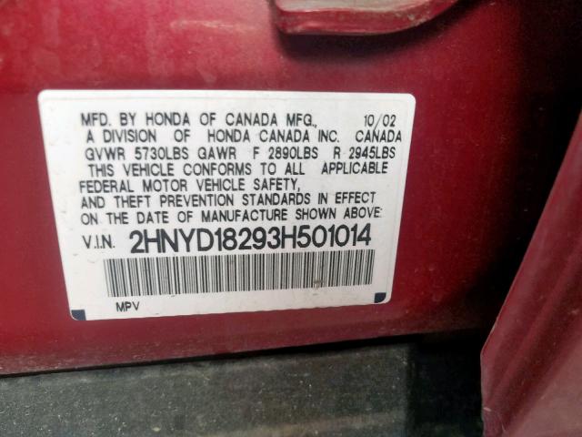 2HNYD18293H501014 - 2003 ACURA MDX RED photo 10