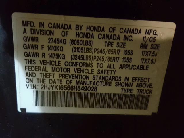 2HJYK16566H549028 - 2006 HONDA RIDGELINE BLACK photo 10