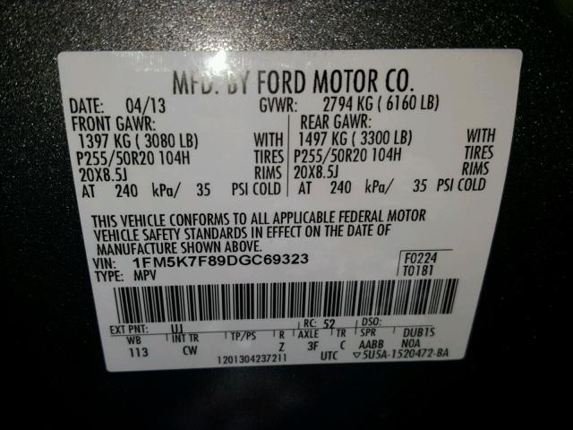 1FM5K7F89DGC69323 - 2013 FORD EXPLORER L GRAY photo 10