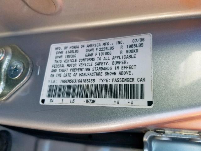 1HGCM56316A185468 - 2006 HONDA ACCORD SE SILVER photo 10