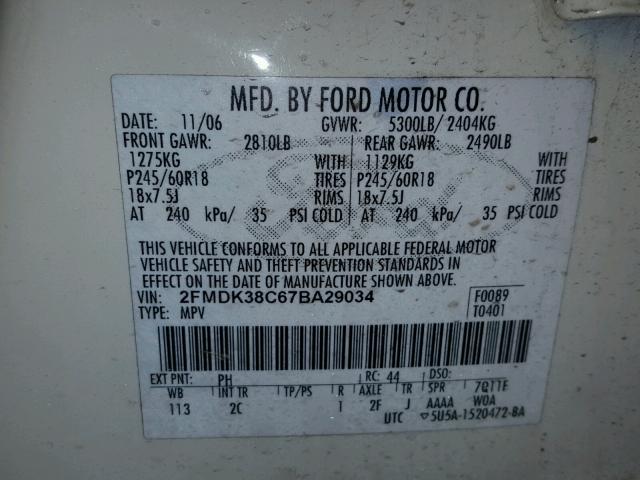 2FMDK38C67BA29034 - 2007 FORD EDGE SEL CREAM photo 10