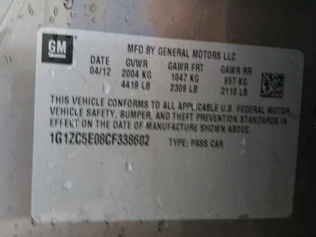 1G1ZC5E08CF338602 - 2012 CHEVROLET MALIBU 1LT 灰色 照片 10