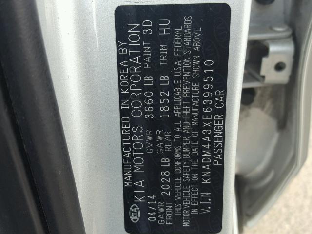 KNADM4A3XE6399510 - 2014 KIA RIO LX SILVER photo 10