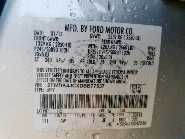 2FMDK4JCXDBB77537 - 2013 FORD EDGE SEL SILVER photo 10