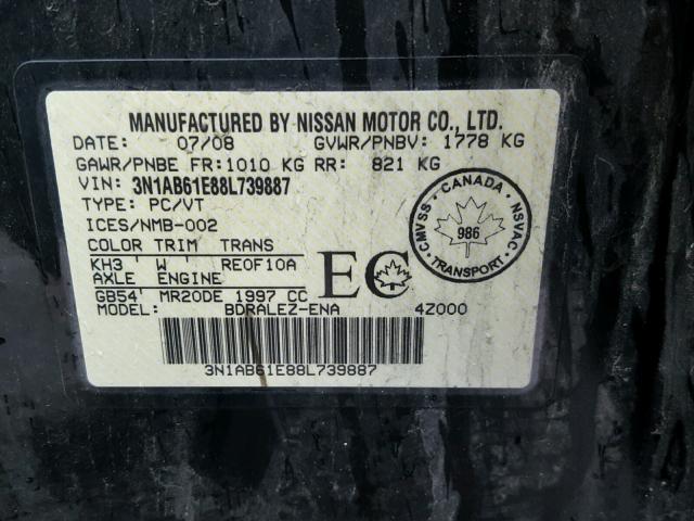 3N1AB61E88L739887 - 2008 NISSAN SENTRA 2.0 BLACK photo 10