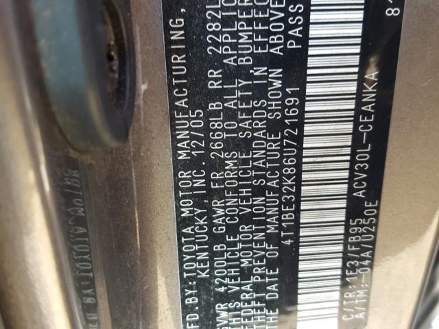 4T1BE32K86U721691 - 2006 TOYOTA CAMRY LE GRAY photo 10