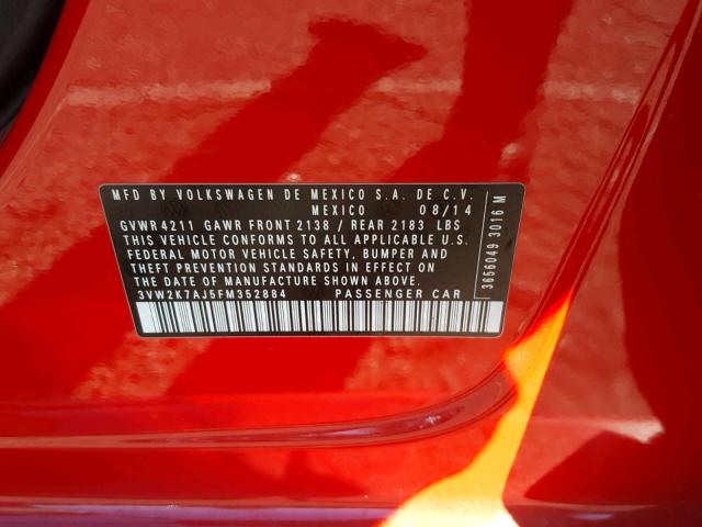 3VW2K7AJ5FM352884 - 2015 VOLKSWAGEN JETTA BASE RED photo 10