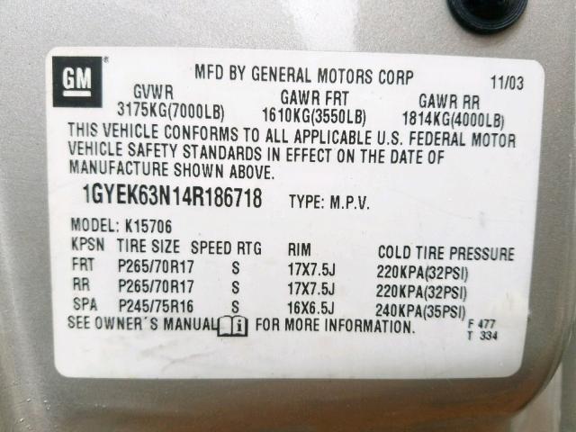 1GYEK63N14R186718 - 2004 CADILLAC ESCALADE L SILVER photo 10