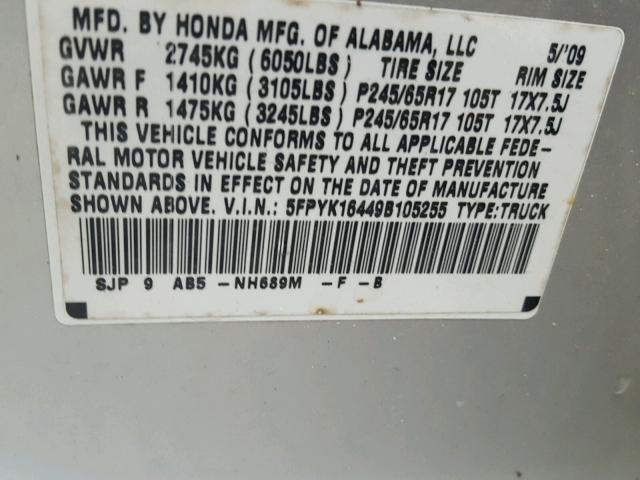 5FPYK16449B105255 - 2009 HONDA RIDGELINE SILVER photo 10