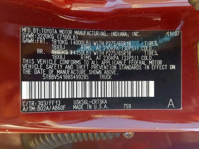 5TBBV54188S499285 - 2008 TOYOTA TUNDRA DOU RED photo 10