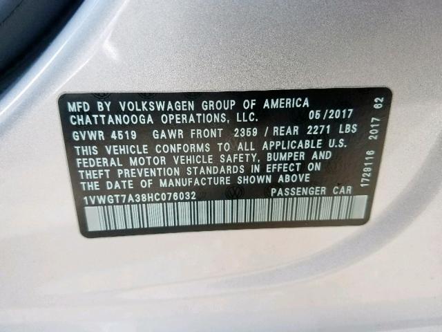 1VWGT7A38HC076032 - 2017 VOLKSWAGEN PASSAT SE SILVER photo 10