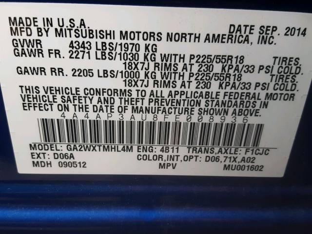 4A4AP3AU8FE008936 - 2015 MITSUBISHI OUTLANDER BLUE photo 10