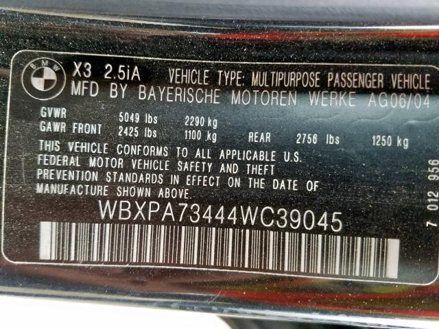 WBXPA73444WC39045 - 2004 BMW X3 2.5I BLACK photo 10