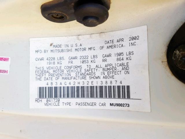 4B3AG42H32E138874 - 2002 DODGE STRATUS SE WHITE photo 10