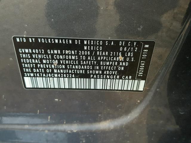 3VW1K7AJ6CM426224 - 2012 VOLKSWAGEN JETTA BASE Գրաֆիտ լուսանկար 10
