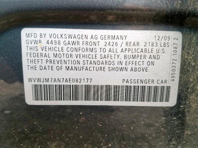 WVWJM7AN7AE082177 - 2010 VOLKSWAGEN PASSAT KOM GRAY photo 10