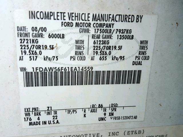 1FDAW56F61EA14559 - 2001 FORD F550 SUPER WHITE photo 10