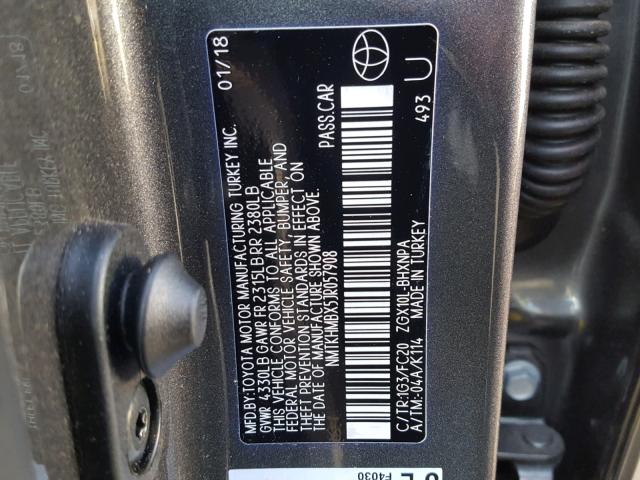 NMTKHMBX5JR057908 - 2018 TOYOTA C-HR XLE GRAY photo 10