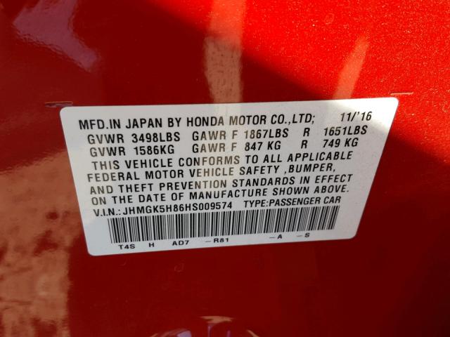 JHMGK5H86HS009574 - 2017 HONDA FIT EX RED photo 10