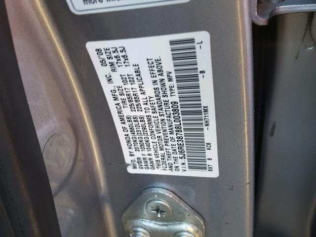 5J6RE38788L003809 - 2008 HONDA CR-V EXL SILVER photo 10