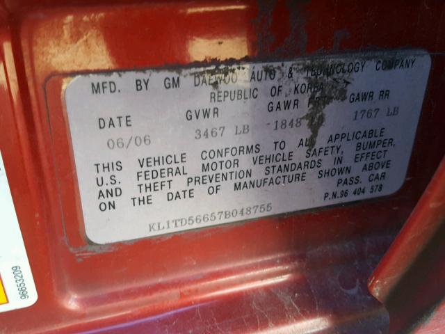KL1TD56657B048755 - 2007 CHEVROLET AVEO BASE Qırmızı foto 10